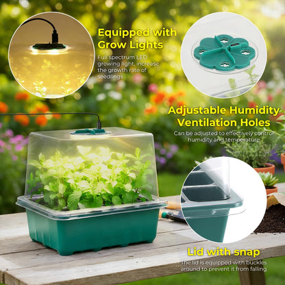 Ourhom Seed Starter Tray with Grow Light, 6pcs Seed Starter Kits with Light and Adjustable Humidity Domes, Covers Height 3.9", Indoor Seedling Starter Plant Germination Trays (Green-Warm White)