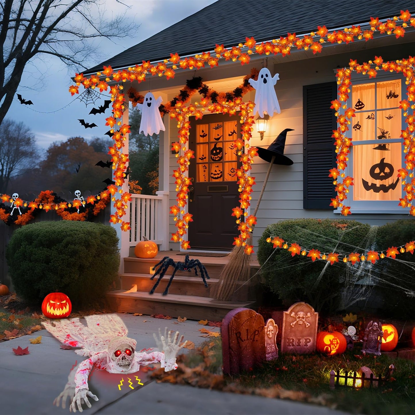 3 Pack Fall Decor Fall Garland with Pumpkin Lights&Enlarged Maple Fall String Lights Pumpkin Decor, 30Ft 60LED Waterproof Battery Operated Christmas Halloween Thanksgiving Fall Decorations for Home