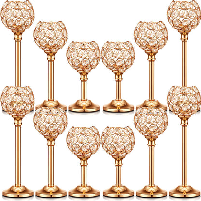 Mimorou 12 Pack Crystal Candle Holders Gold or Silver Candle Holders Bulk Tealight Candlestick Crystal Candelabras for Wedding Party Valentine Christmas Dining Table Centerpieces Decoration (Gold)
