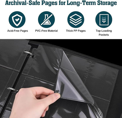 Trading Card Binder 9 Pocket, 900-Pocket Zippered 3-Ring Card Binder with 50 Double-Sided Pages, Fits 2.5" x 3.5" Cards, Acid-Free PVC-Free, Water-Resistant PU Cover, Wrist Strap, Fox Design