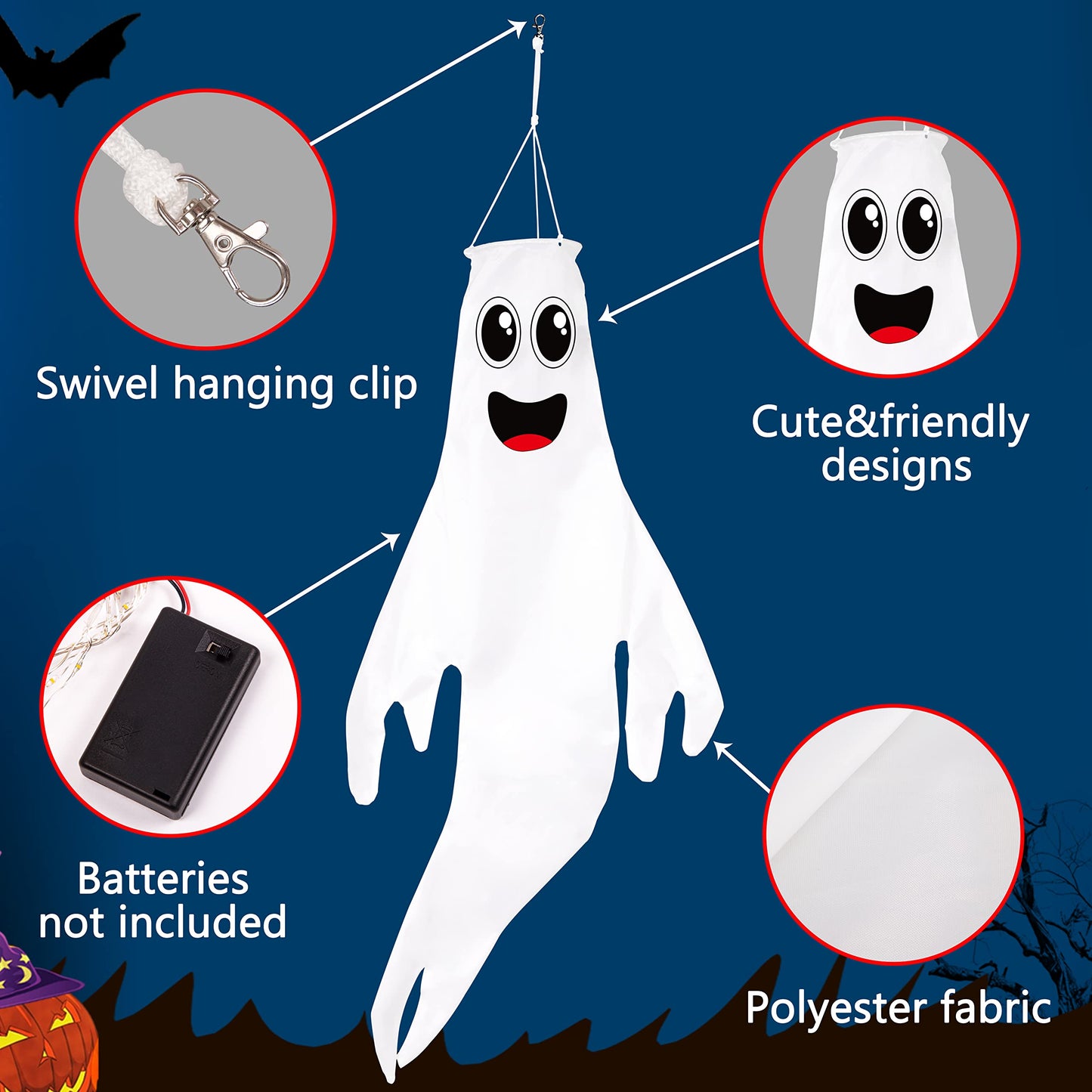 3PCS 43 Inch Halloween Lighted Hanging Ghost Windsocks Hanging Decorations for Tree, Fall LED Flag Wind Socks for Home Yard Outdoor Autumn Decor Party Supplies (Batteries Not Included,No Timer)