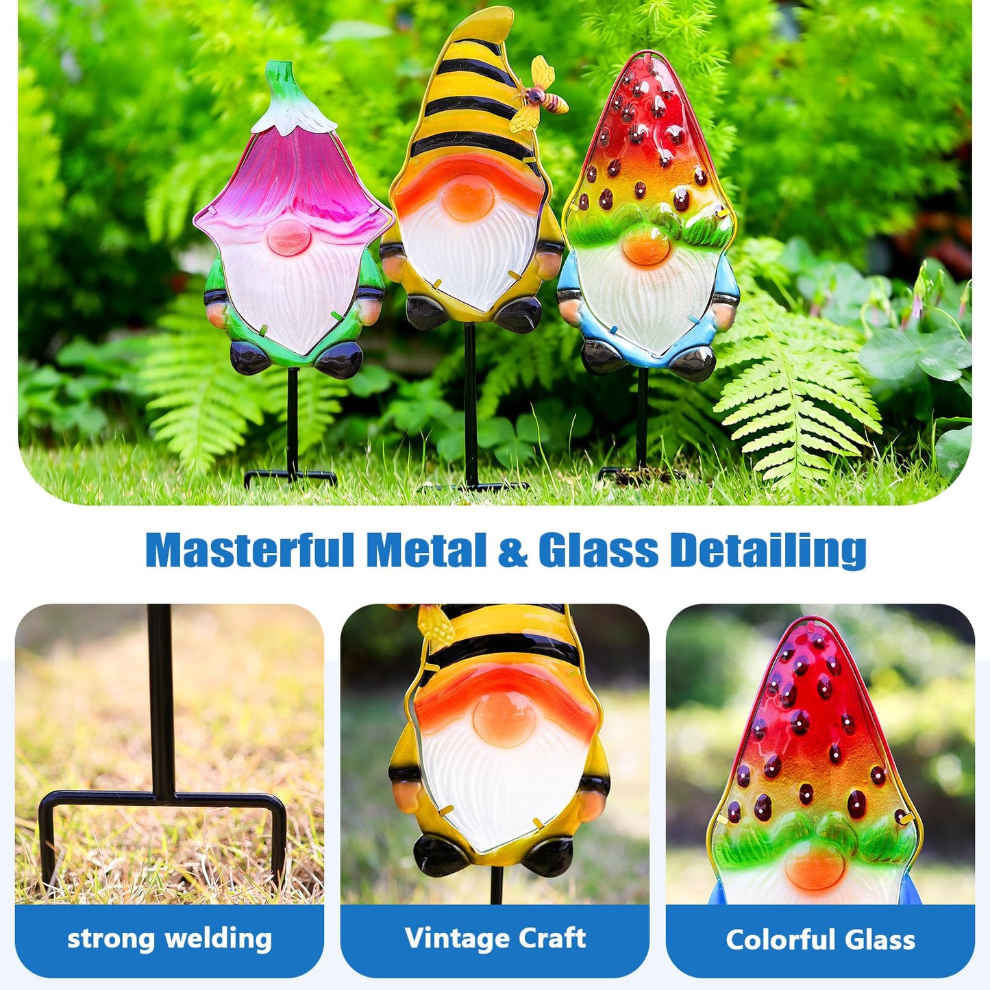 LEGIFO Garden Decor Gnomes Stakes Set of 3, Metal & Glass 18.3″, Outdoor Gnome Stake for Backyard Lawn Decor, Funny Yard Art Decorations for Mom Grandma Women Mother’s Day