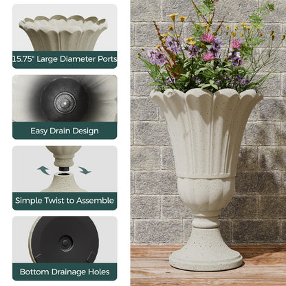 Trygoal 23.6" Tall Plastic Urn Planters for Outdoor Plants, Set of 2 Heavy-Duty Classic Indoor Large Flower Pots with Drainage Holes & Petal Design, Outdoor Planters for Porch, Home Garden, White