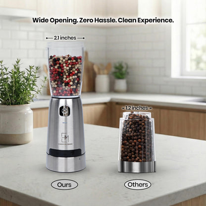 Essentialsmade Electric Salt and Pepper Grinder Set – Rechargeable Stainless Steel Mills – Upgraded 800mAh Battery, Large 200ml Capacity, & 5 Adjustable Coarseness Levels – Kitchen Seasoning Tools