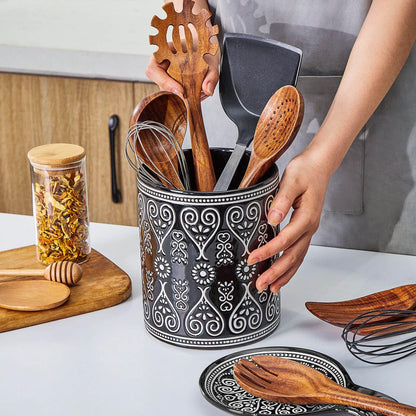 Delpnana Black Heavy Ceramic Utensil Holder, 7" Extra Large Kitchen Utensil Holder for Countertop, Cooking Ceramic Crock for Farmhouse Kitchen Decor