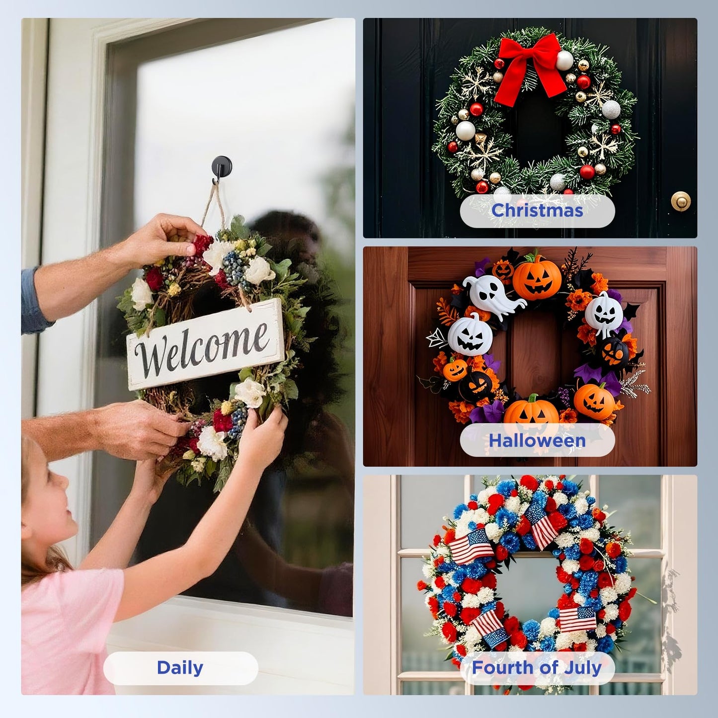 OUTXE Wreath Hanger for Front Door, Upgraded Suction Cup Reef Hook for Glass Window/Over Door, Christmas/Thanksgiving/Halloween/July 4th/Easter/Valentine/Spring/Summer/Fall (Black, 4-Pack)