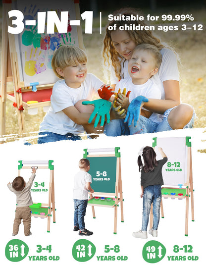 JOYOOSS Easel for Kids - Adjustable Wooden Art Easel with Paper Roll,Magnetic Double Sided Dry Erase Board,Outdoor Easel for Toddlers,Green