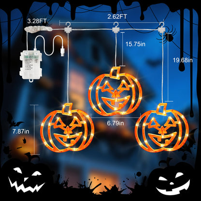 woohaha Halloween Window Lights,48LED 3 Pumpkin Curtain String Lights USB/Battery Operated,Hanging Light for Indoor Outdoor Bedroom,Room,Wall,Party,Holiday Decorations(Orange)