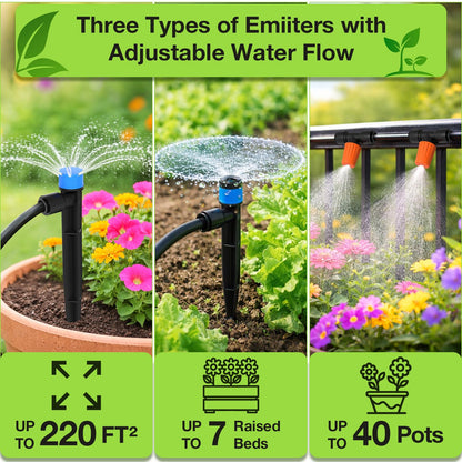 MIXC 250FT Drip Irrigation System Kit, Quick-Connect Garden Misting Watering System with 1/2” 1/4” Tubing Adjustable Nozzles Sprinklers for Indoor Outdoor Garden Potted Plant Lawn Greenhouse