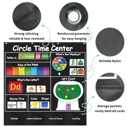 Circle Time Learning Center Pocket Chart, Calendar for Classroom, Educational Pocket Chart Learning Calendar Weather Letter Counting Rhyme Color Shape(Black)