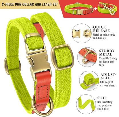 Dog Collar and Leash Set with Metal Quick Release Buckle, Adjustable, Breathable Nylon, Durable, Soft and Comfortable for Walking and Training, Fluorescent Yellow, M (12.6"-19.6")