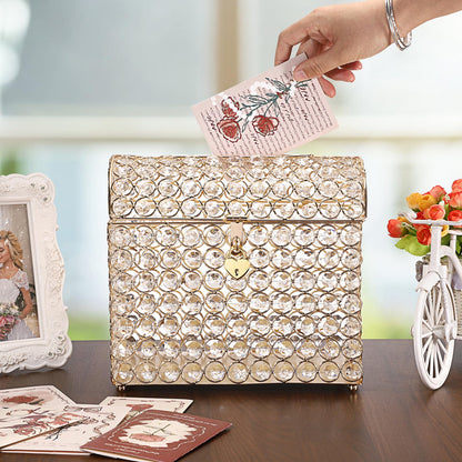 ELLDOO Crystal Wedding Card Box with Heart Lock, Money Card Box Treasure Chest Style Gold Gift for Wedding Receptions Centerpiece Decor Anniversary Keepsake Gift Display Csae, Medium