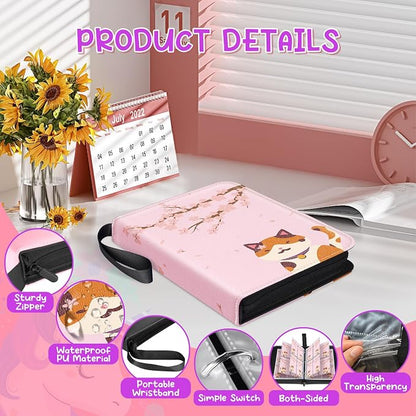 Premium 4 Pocket Trading Card Binder,400 Capacity with 50 Removable Sleeves | PU Leather Zipper Album Book for Sports Cards, Game | Card Storage & Organization for Girls Collector Sakura Pink