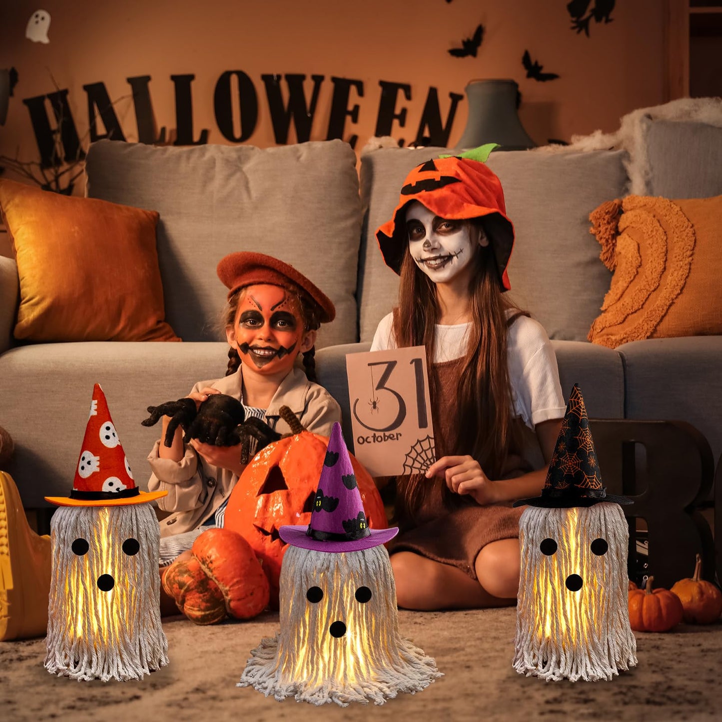 Halloween Ghost Decoration Indoor 3 Pack Light Up Standing Spooky Ghosts with Witch Hats, Halloween Table Decor Cute Ghost Boo Kitchen Tabletop Party Decor and Holiday Decorations