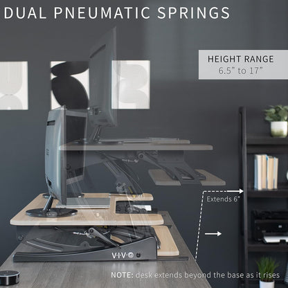 VIVO 36 inch Height Adjustable Stand Up Desk Converter, V Series, Quick Sit to Stand Tabletop Dual Monitor Riser Workstation, Light Wood Top, Black Frame, DESK-V000VO