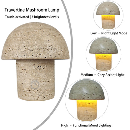 Natural Stone Mushroom Lamp - Handcrafted Travertine Night Light, Rechargeable with Type-C, Dimmable LED Accent Light for Bedroom & Living Room
