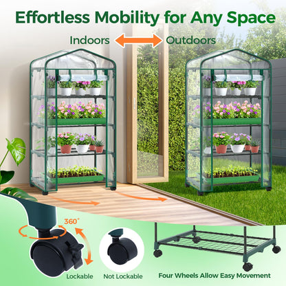 Ohuhu Mini Greenhouse for Indoor Outdoor with Wheel, Small Plastic Plant Green House 4-Tier Rack Stand Portable Greenhouses with Durable PVC Cover for Seedling