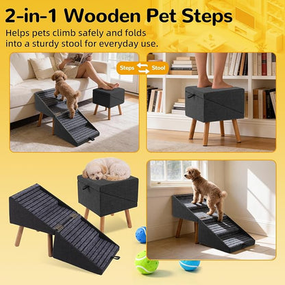 Dog ramp for Small Dogs, 2-in-1 Pet Steps & Ottoman - Foldable Dog ramp for Couch, Non-Slip Wooden Pet ramp for Puppy Senior Injured Dogs, Black, XL(17.13H)