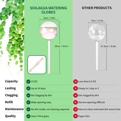 Soilagua 13 oz Up to 2 Weeks Extra Large Plant Self Watering Globes, Light Iridescent Glass Water Bulb Indoor, Plant Waterer Self-Watering Stakes, Perfect Gardening Gifts, 4 Pack