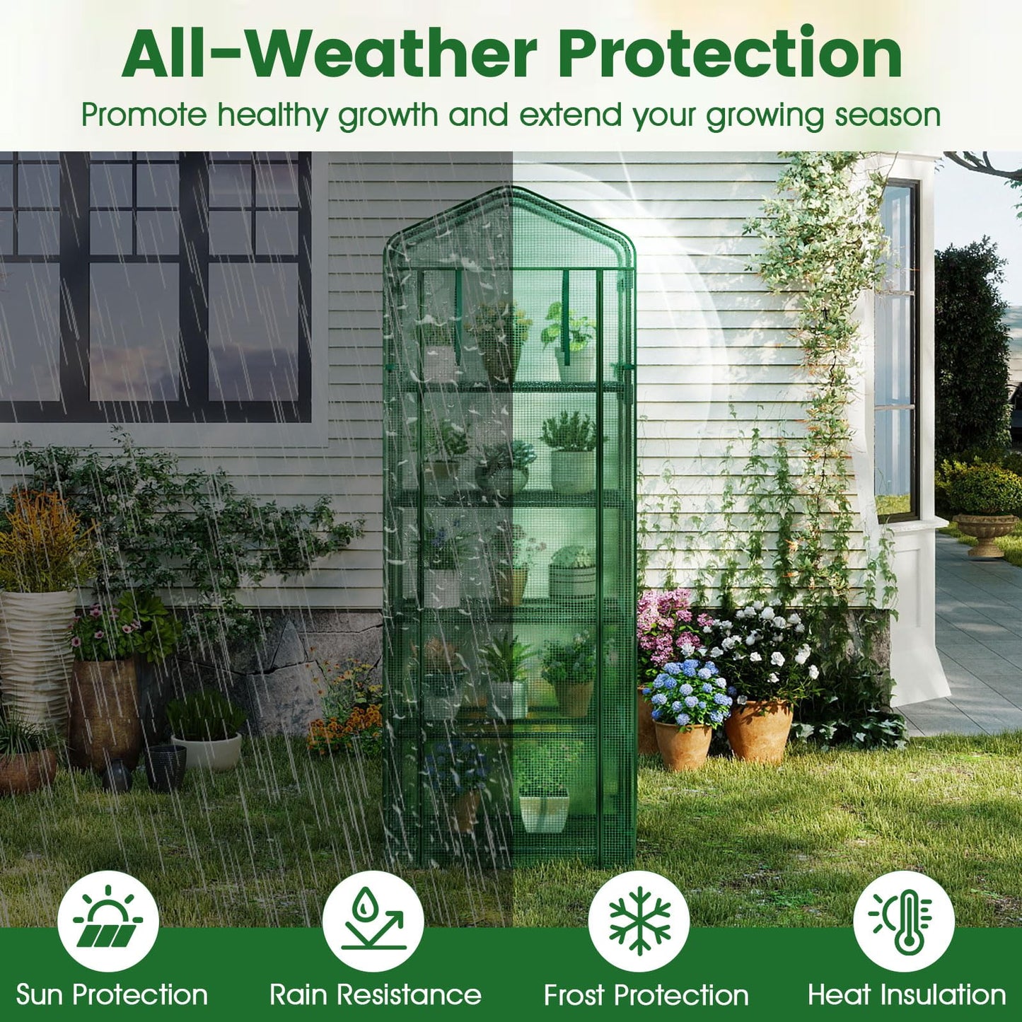 Giantex Mini Greenhouse Indoor Outdoor, 27" x 19" x 75" Portable Plant Grow House with 5 Tier Shelves, PE Cover, Roll-Up Zipper Door, Rustproof Elector-Coating Metal Frame for Patio Balcony Garden