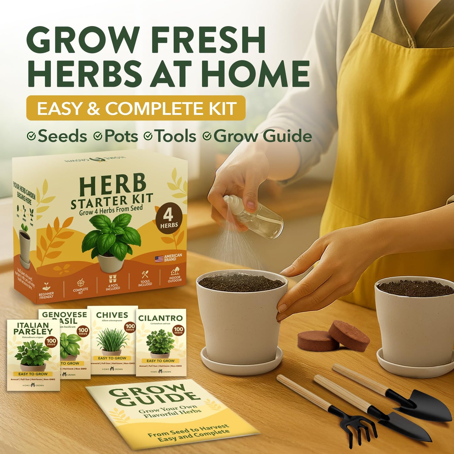 HOME GROWN Herb Garden Planter Indoor Kit – Unique Christmas Gift for Adults, Men, & Women - Grow 4 Heirloom Herb Seeds on Kitchen Window – Beginner DIY Craft & Hobby Gardening Gift for Plant Lovers