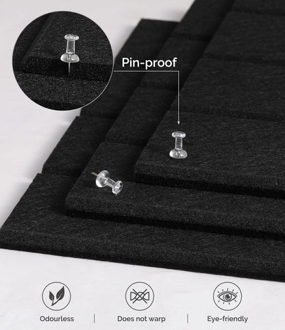 Bounmer Large Cork Board Alternative 48“ x 36”, 12-Pack Felt Bulletin Board Tiles with 60 Safe Removable Adhesive Tabs & 30 Pushpins, Cork Boards for Office Walls Decor (Black)