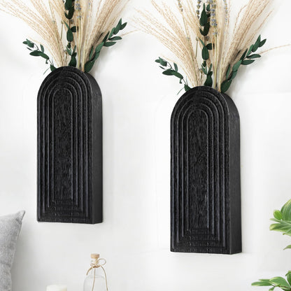Wooden Wall Art Decor: Wall Vases for Indoor Artificial Plants & Flowers, Wood Wall Hanging Planters for Home Decor - Bathroom, Living Room, Bedroom, Patio (Black)