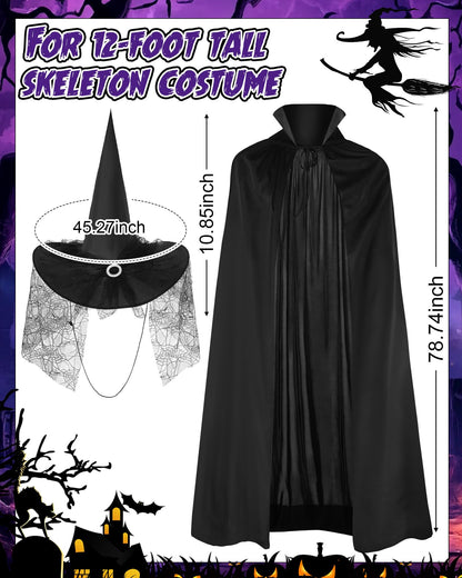 Tarpop Halloween 12 ft Skeleton Outfit Set Giant Skeleton Witch Theme Costume Includes Witch hat and Cloak for Halloween Decorations Outdoor Yard Haunted House Prop Decorations