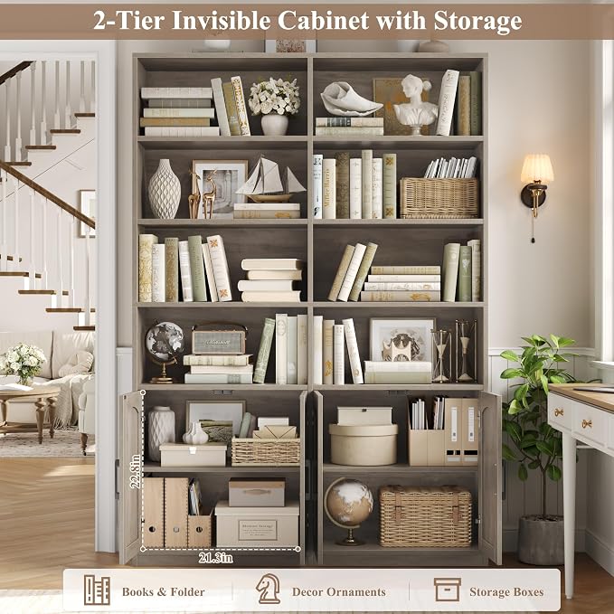 FACBOTALL Bookshelf and Bookcase with Doors, 6 Tier Double Wide Large Bookshelves, Open Display Shelves, 73'' Tall Bookshelf with Storage Cabinets for Home Office, Living Room, Library, Wash Gray