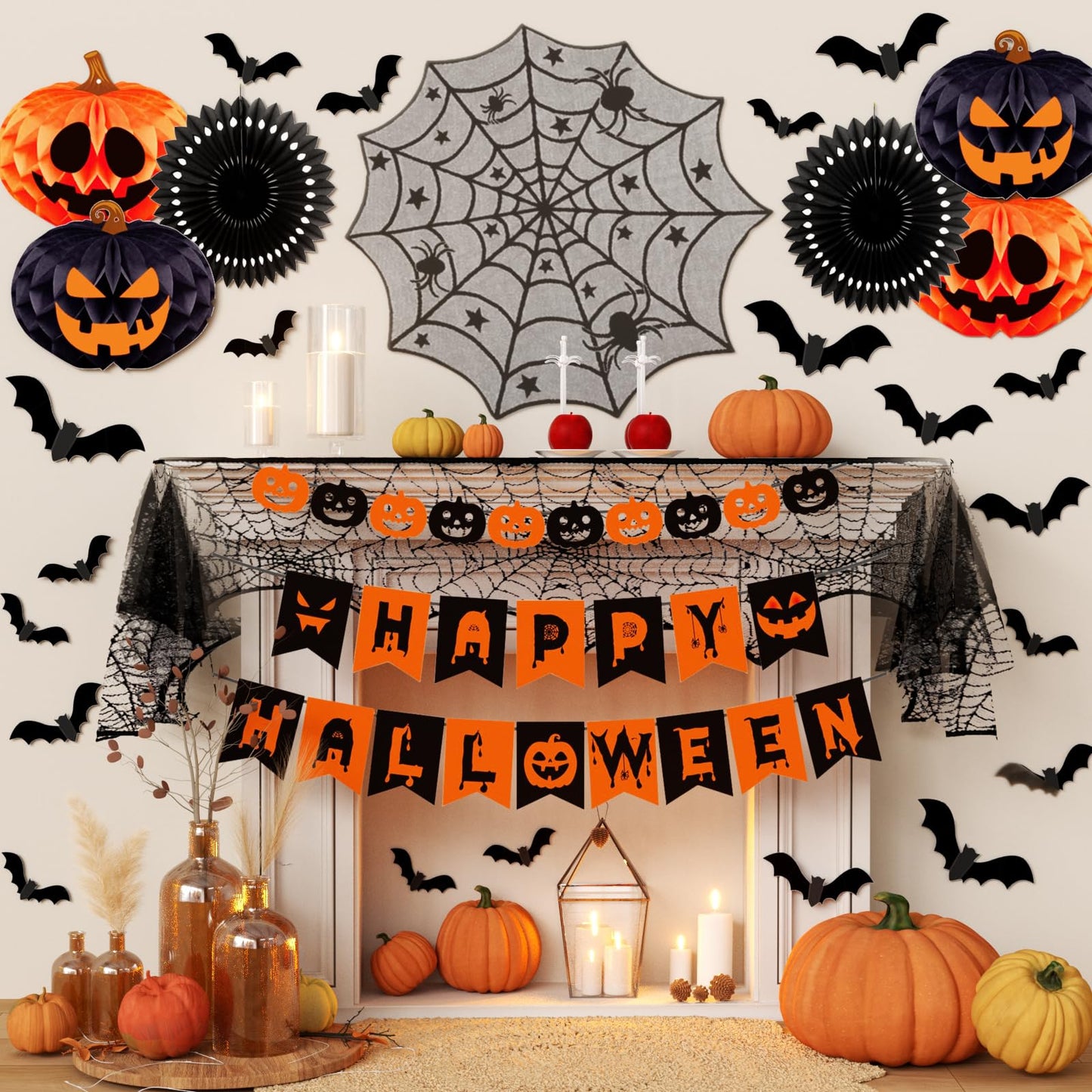 Halloween Party Decorations Indoor Kit with Paper Honeycomb Balls & fans, Fireplace Mantel Scarf, Spiderweb Table Runner, Banner, 48 Pcs Scary Bat Sticker for Halloween Spooky Home Decor