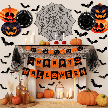 Halloween Party Decorations Indoor Kit with Paper Honeycomb Balls & fans, Fireplace Mantel Scarf, Spiderweb Table Runner, Banner, 48 Pcs Scary Bat Sticker for Halloween Spooky Home Decor