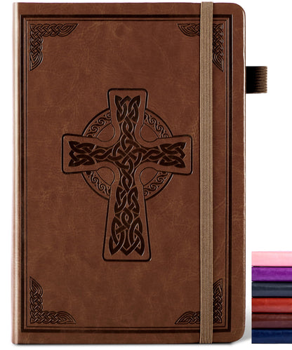 CAGIE Leather Lined Journal Notebook for Men & Women, Debossed Cross, 320 Pages 100 GSM Thick Paper, A5 Hardcover Journaling Notebooks for Writing, 5.7'' X 8.3'' Diary, Brown