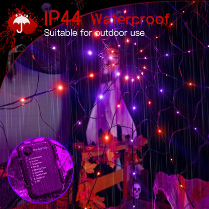 Ollny Spider Web Decoration 4FT 70 LED, Orange and Purple Halloween Lights with Black Spider Battery Powered 8 Modes Timer, Waterproof Cobweb String Light for Outdoor Indoor House Yard Party