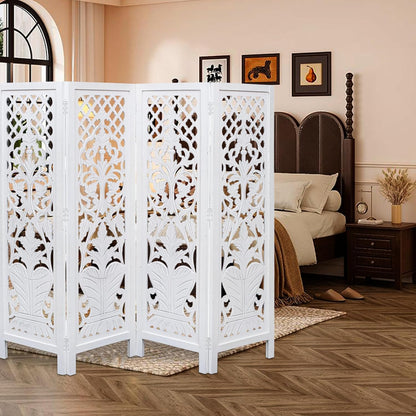 Room Divider Wood Screen Panel – White, 4-Panel Folding 64"x54", Hand-Carved, Reversible Privacy Partition, Decorative & Functional Portable Room Divider for Home or Office
