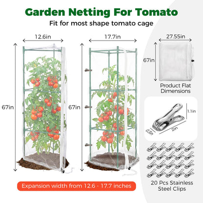 3Pcs Garden Bird Netting Plant Cover for Tomato Cage, 67" x 17.7" Insect Bird Barrier Tomato Cage Net with Zipper, Tomato Trellis Plant Netting Cover for Square Tomatoes Cages Plants Garden Protection