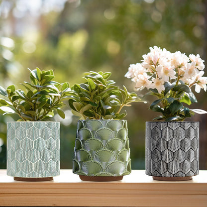 GUGUGO Plant Pots Hexagonal Pattern, Boho Modern Planters for Indoor Plants, Unique Decorative Flower Planter Pot with Drainage, Cute Small Succulent Pots, Eclectic Funky Gardening Pot Gifts, Black