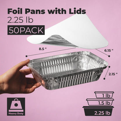Fit Meal Prep 50 Pack 2.25 lb Aluminum Foil Pans with Lids, Disposable Take Out Food Containers with lids for Freshness and Spill Proof, 8.5 x 6 x 2 Disposable Cookware for Catering, Restaurants