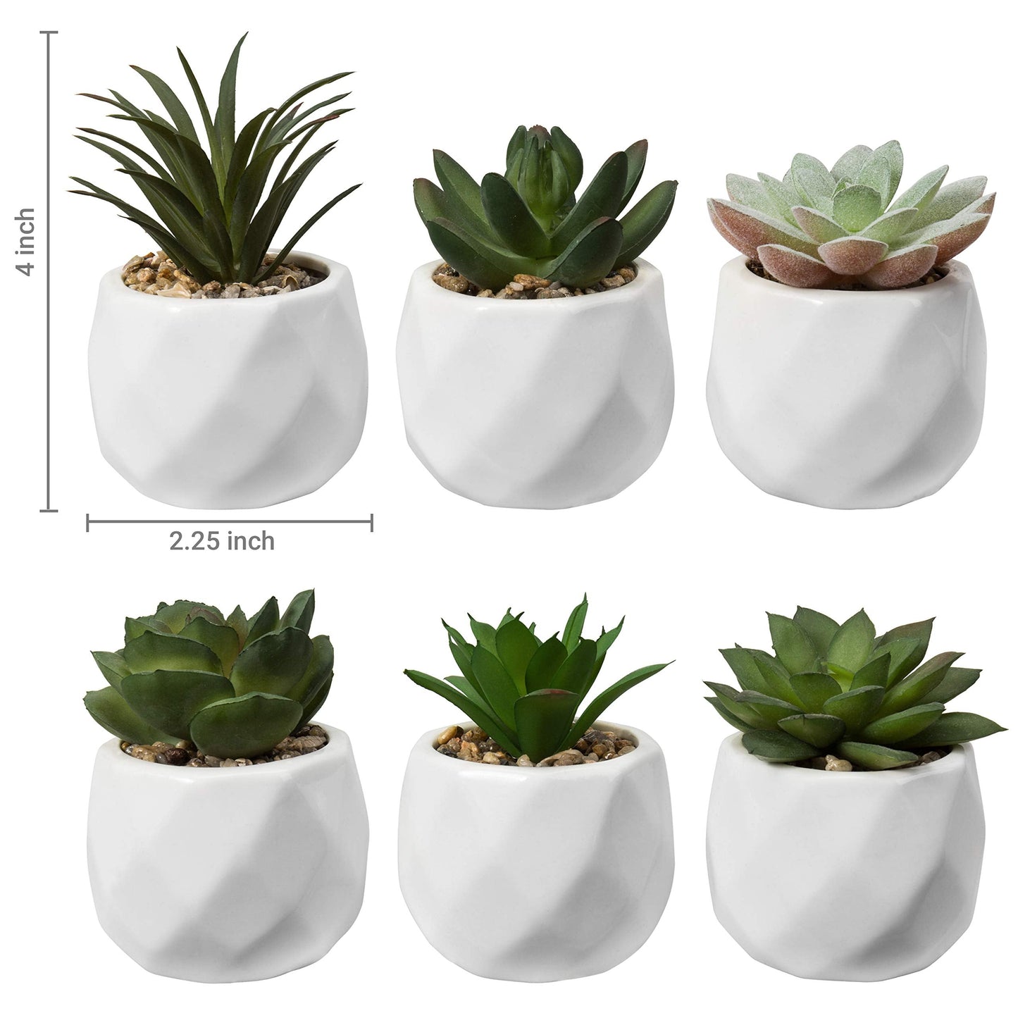 MyGift Mini Assorted Green Faux Succulent, Indoor Fake Plants in Geometric Ceramic Pots, Set of 6