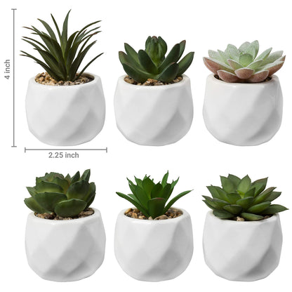 MyGift Mini Assorted Green Faux Succulent, Indoor Fake Plants in Geometric Ceramic Pots, Set of 6