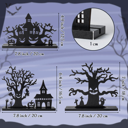 WATINC Halloween Wooden Centerpiece Decoration - 3Pcs Silhouette Haunted House Tree Wood Tabletop Decor, Black Sketch Horror Pumpkin Boo Detachable Tiered Tray Sign Table Topper for Home Kitchen Party