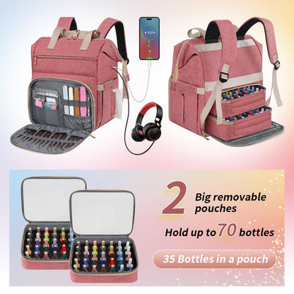 LTINVECK Nail Polish Organizer Case Backpack Holds 70 Bottles (15ml/0.5fl.oz)& Nail Lamp, 2 Layers Detachable Nail Kit Storage Case, Large Travel Nail Supplies Shoulder Bag for Manicure Tools (Pink)