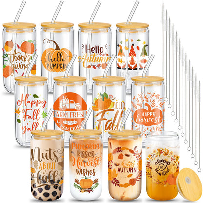 Umigy 12 Pack Fall Drinking Glasses Bulk 16oz Fall Ice Coffee Cups Pumpkin Glass Mug Jars with Bamboo Lid Straw Halloween Cups Thanksgiving Glassware Drinking Tumbler for Autumn Harvest Gifts