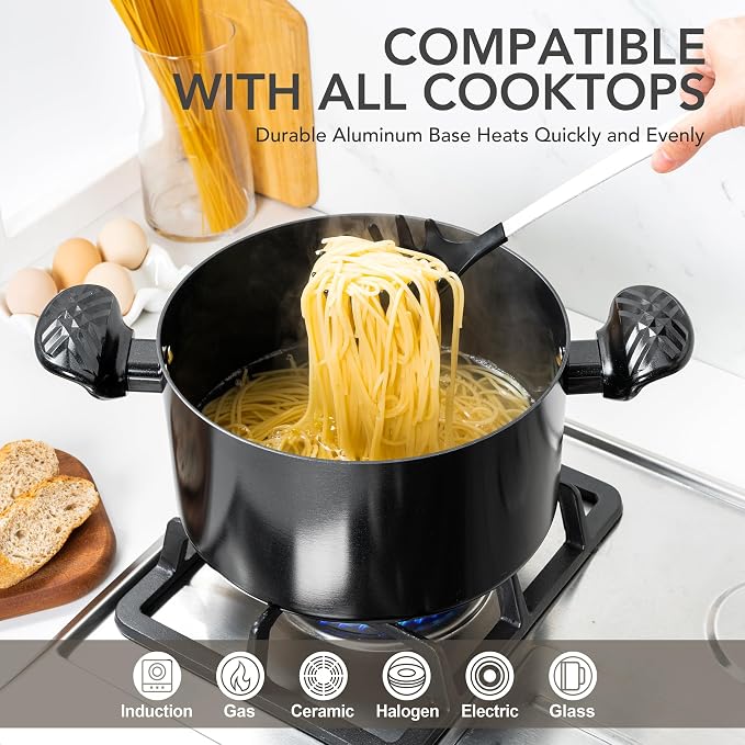 MICHELANGELO Stock Pot with Lid, 6 Quart Soup Pot with Lid, Nonstick Ceramic Cooking Pot with Stay-Cool Handle, Induction Compatible - 6QT, Black