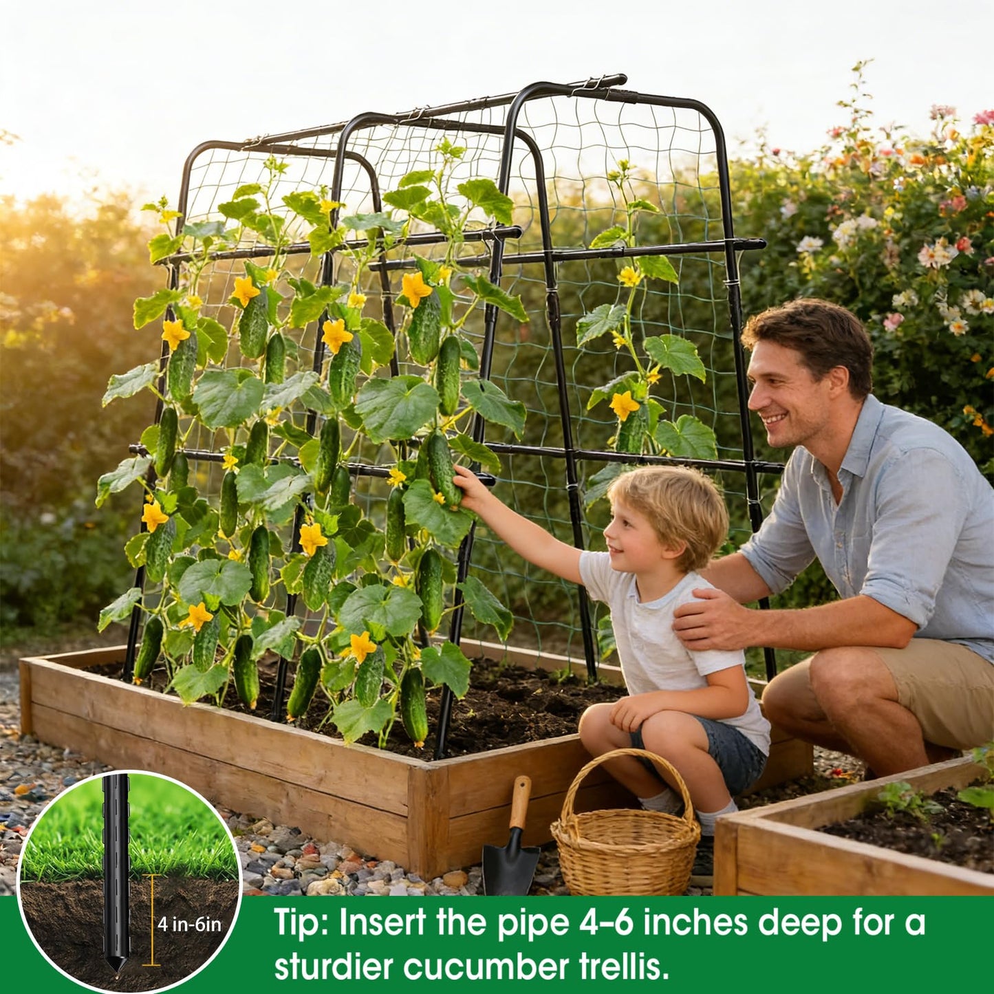 Cucumber Trellis for Raised Bed and Garden, 47" H x 47" W U-Shaped Metal Garden Trellis for Climbing Plants with Nylon Netting, Vegetable Support Frame