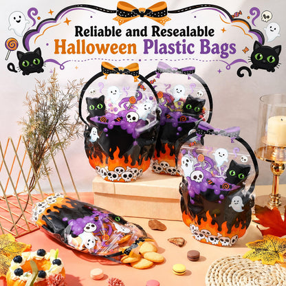 Fuutreo 50 Pcs Halloween Plastic Bags Clear Black Cat Witch Cauldron Sealed Gift Pouches with Handles Resealable Scary Holiday Favor Bags for Halloween Holiday Party Candy Gift Wrapping Supplies Decor