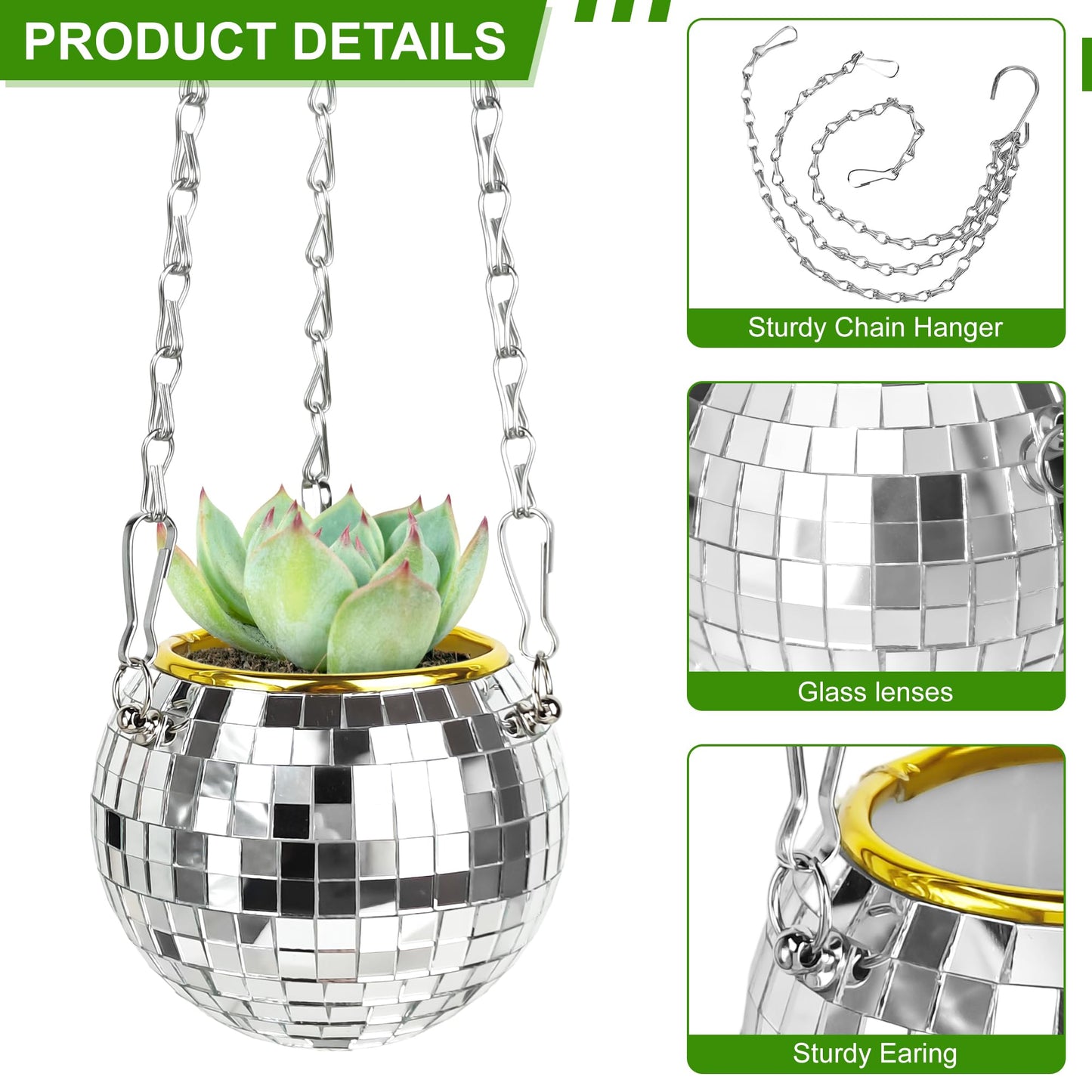 Axigundaone 2 Pcs Disco Ball Hanging Planter, 4 Inch Mirror Disco Ball Planters with Chain,Small Mirror Planter Hanging for Window, Desk