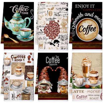 Ferraycle 6 Pcs Coffee Kitchen Towels, Absorbent Dish Towels 24 x 16 Inches, Dish Cloths, Kitchen Decorative Hand Cloths, Gifts for Cooking Baking Bathroom Bar Farmhouse(Black and Brown,Coffee Gnomes)