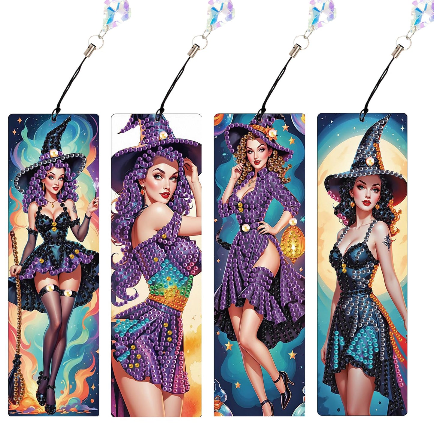 JISHSHAY 4 PCS Halloween Diamond Painting Bookmarks Witch Diamond Art Book Marks Witch Gem Art Bookmarkers Gem Painting Book Markers Horror Crafts for Adults DIY Bookmarks Embroidery Bookmarkers