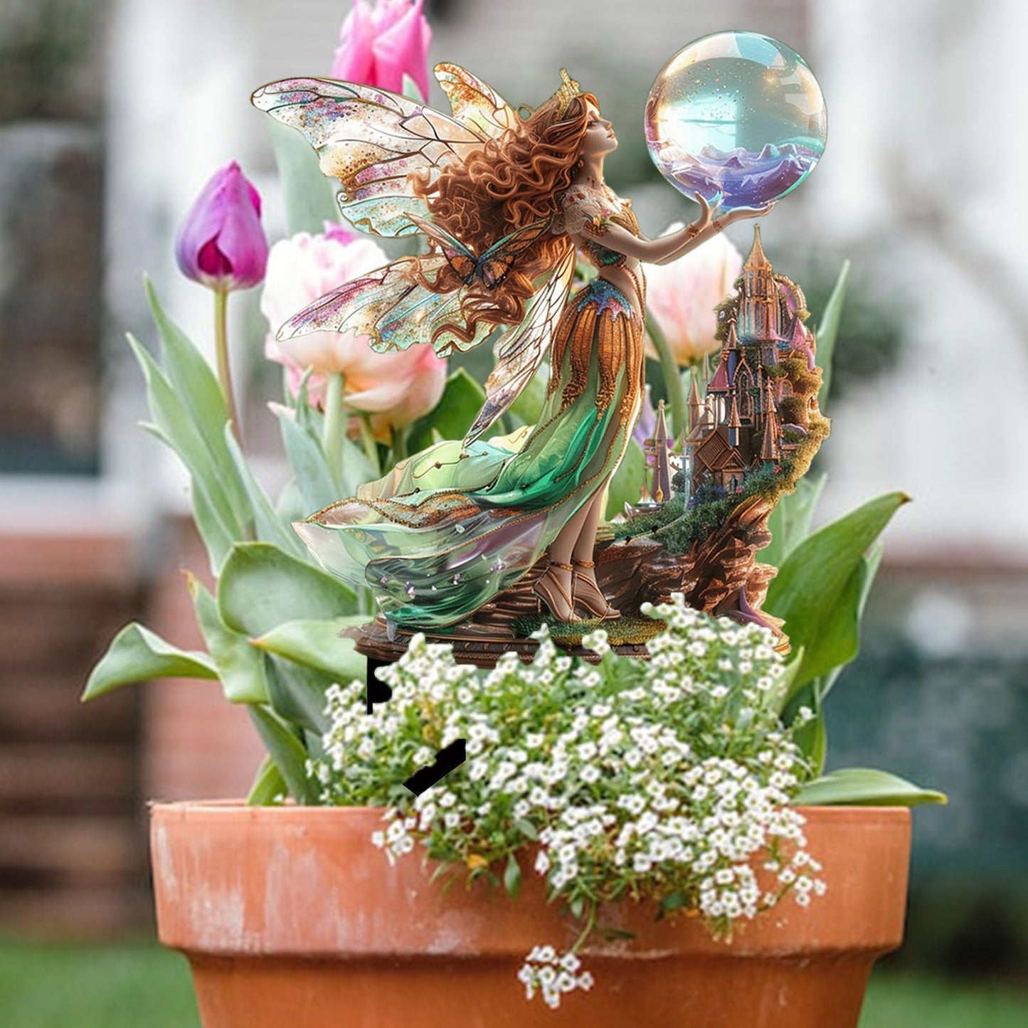 ANNUOZE Fairy Garden Stake Decor, 2D Flat Acrylic Fairy Garden Decor Panel, Elf Yard Sign for Outdoor Indoor Yard Lawn Plants Pots, Fairy Garden Accessories (Fairy with Crystal Ball)