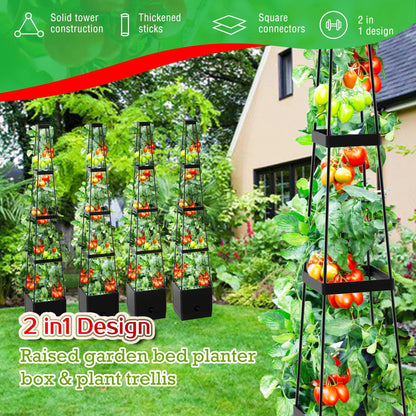 Raised Garden Bed Planter Boxes & Trellis, vanpein Tomato Cage & Planter Pot Outdoor 59" Plant Support with Self Watering for Climbing Vegetable Flowers Vines Plants, Gray